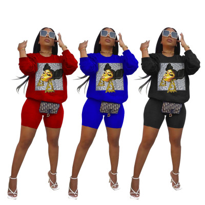 Ladies Fashion Casual Long Sleeve Offset Printing Suit Two-piece Set W8311