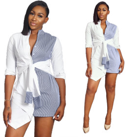 Trendy Oversize Shirt Patchwork Irregular Tied Short Dress YX9071