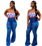 Fashion High Waist New Design Blue Butterfly Print Flare Jeans LA3131