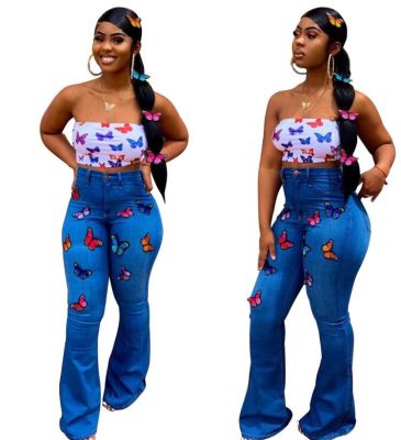 Fashion High Waist New Design Blue Butterfly Print Flare Jeans LA3131