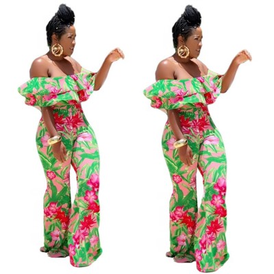 Floral Print A Word Shoulder Wide Leg Jumpsuit MF5039