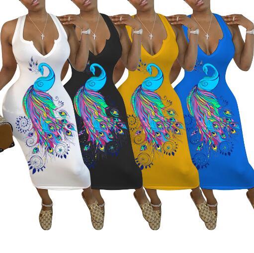 Sexy little V-neck colorful peacock mid-length dress HM5342