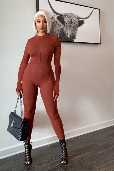 Autumn and winter solid color jumpsuits waist hips long sleeves fashion temperament women FF1047