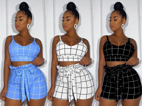 Women\'s Sling Plaid Stripe Sexy Two-Piece Set With Belt RSN736