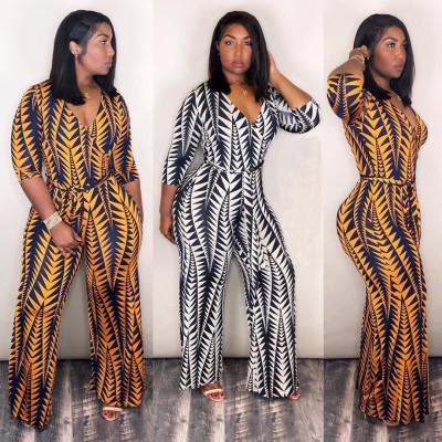 Wholesale Geometric Print V Collar Jumpsuit With Belt OMY5039