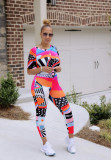 Sexy V-neck T-shirt Printed casual two-piece nightclub clothes F194