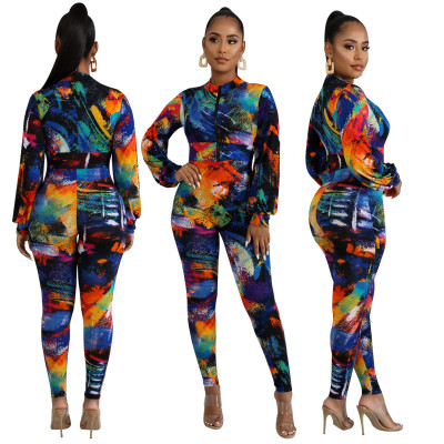 Multicolor Slim Sets Zipper Short Coat Off Shoulder Print Jumpsuit XZ3307