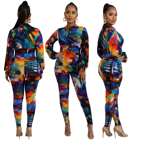 Multicolor Slim Sets Zipper Short Coat Off Shoulder Print Jumpsuit XZ3307