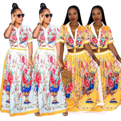 Floral Print Leisure Suits Turn-Down Collar Top Long Skirt Q145