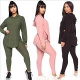 Autumn Solid Color Long Sleeves Hooded Split Sweater With Trousers Two Piece Set HH8942