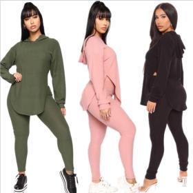 Autumn Solid Color Long Sleeves Hooded Split Sweater With Trousers Two Piece Set HH8942