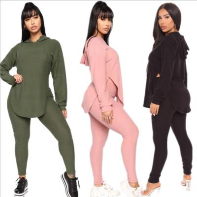 Autumn Solid Color Long Sleeves Hooded Split Sweater With Trousers Two Piece Set HH8942