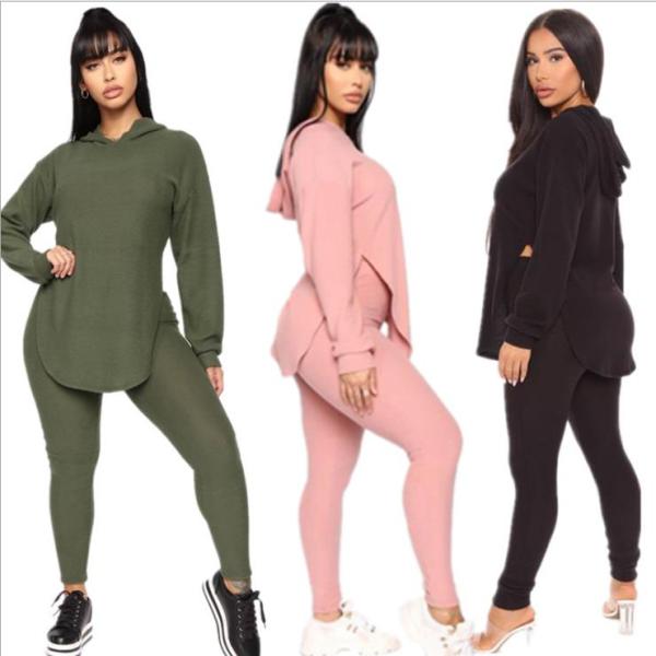 Autumn Solid Color Long Sleeves Hooded Split Sweater With Trousers Two Piece Set HH8942