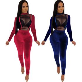 Slim Fitting Pure Color Velvet Patchwork Mesh Sexy Jumpsuit FA7077
