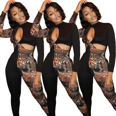 Nightclub wear sexy hollow leopard print asymmetric stitching jumpsuit GL6297