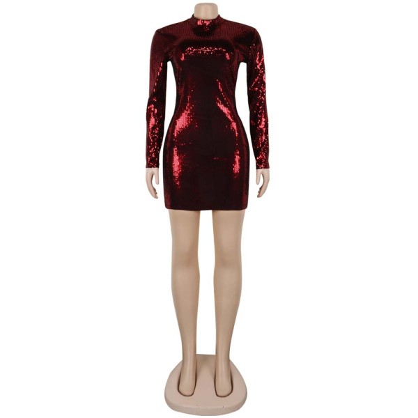 Sexy sequins open back long sleeve dress nightclub K8877