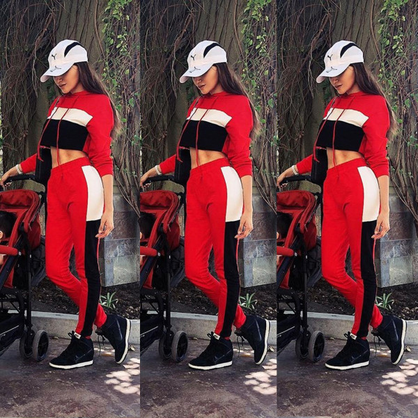 Hot Color Patchwork Suits Hooded Crop Top Pencil Pants ML7145