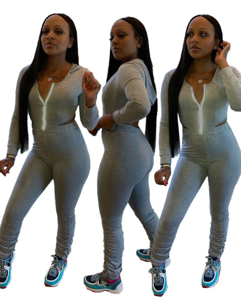 Sports Solid Color Zipper V-Neck Long Sleeves Hooded Mini Top With Pleated Trousers Two Piece Set LY