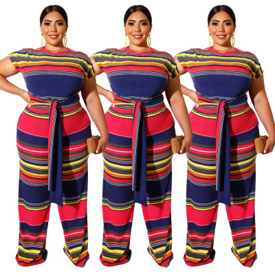 Plus Size Loose Fitting Multicolor Jumpsuit With Belt Q5032