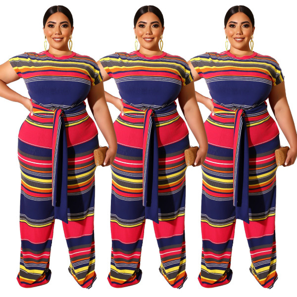 Plus Size Loose Fitting Multicolor Jumpsuit With Belt Q5032