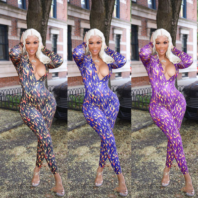 Leisure Printing Mid Waist Polyester V Collar Tight Jumpsuit ARM8125
