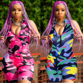 Stylish Slim Bodycon Sleeveless Camouflage Short Jumpsuit HH8869