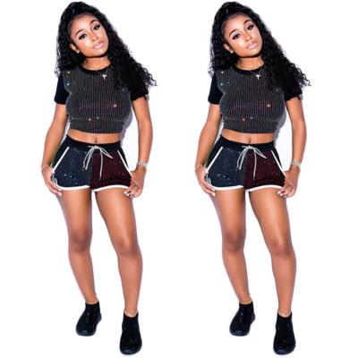 Sequins Two-Pieces Track Suits Crop Top Elastic Shorts MY9248
