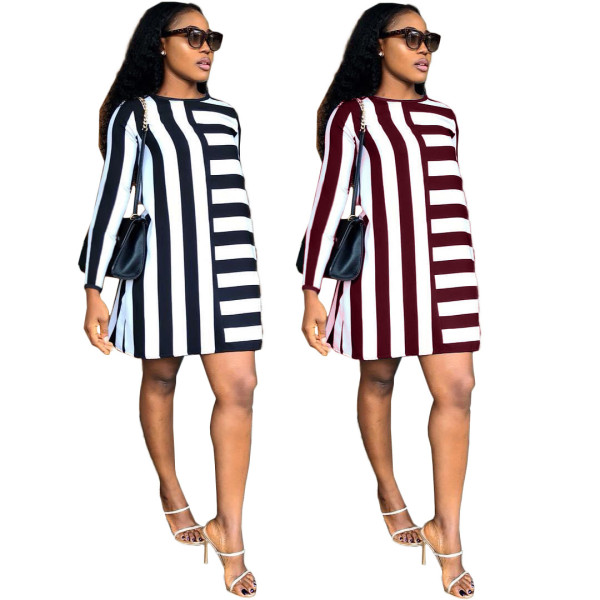 Women 2 Colors Leisure Long Sleeved Stripe Dress ORY5136