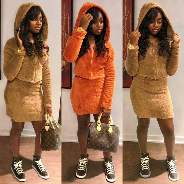 Pure Color Bodycon Shaker Flannel Hooded Skirt Suits K8678