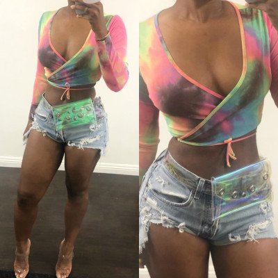 Sexy Deep V Tie-Dye Cross Bandage Lodging Ms. T-Shirt KLO7465