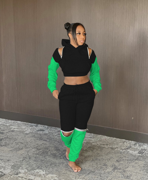 Fashion Contrast Stitching Zipper Long Sleeves Hooded Cropped Sweater With Drawstring Trousers Two P