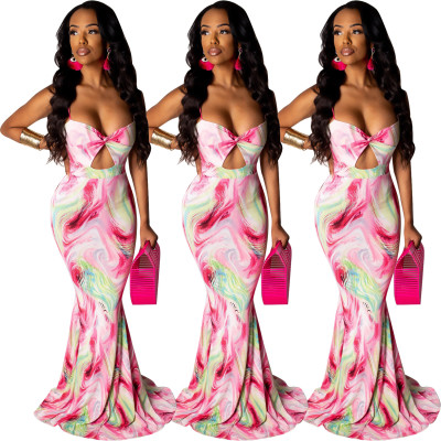 Elegant Slim Printing Strapless Maxi Dress For Party R6205