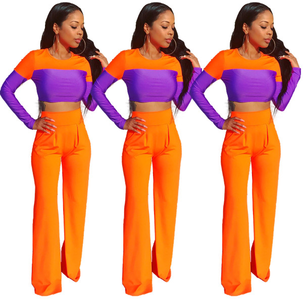 Color Patchwork Slim T Shirt High Waist Solid Pants HR8069