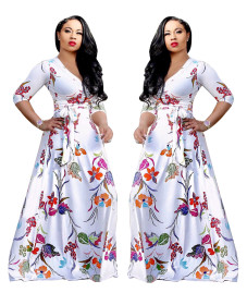 Leisure Floral Print V Neck Expansion Maxi Dress SMR8660