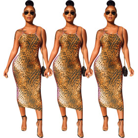 Hot Sale Slim Backless Strappy Leopard Printing Midi Dress ED8114