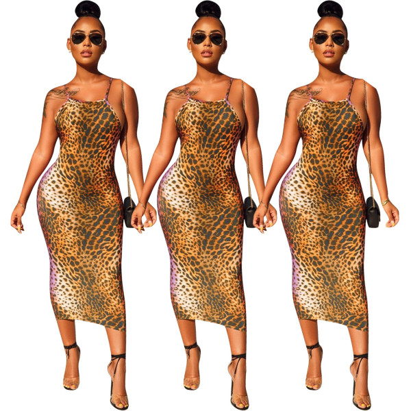 Hot Sale Slim Backless Strappy Leopard Printing Midi Dress ED8114