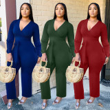 Autumn women's casual pants v-neck belt jumpsuit HHM6333