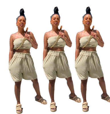 Linen Hot Sets Condole Belt Crop Top Elastic Waist Shorts LY5068