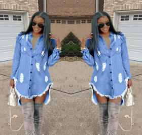 Women Casual Denim Turn-Down Collar Short Dress D8217