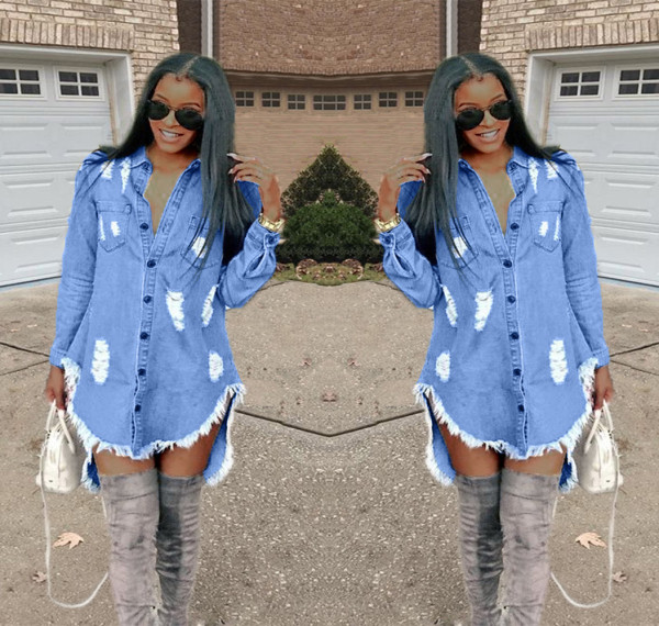 Women Casual Denim Turn-Down Collar Short Dress D8217