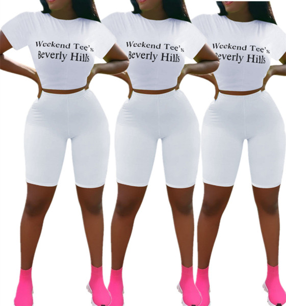 Letters Printing Women T Shirt Bodycon Hot  White Shorts YMT6077