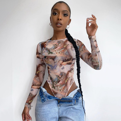 Sexy Butterfly Printed Round Neck Long Sleeves Top P072607K