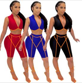 Sexy Solid Color Sleeveless Zipper V-Neck Mini Top Shorts Two Piece Suit L0310