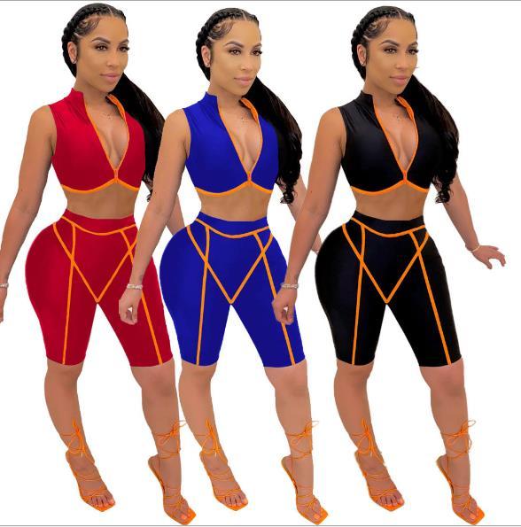 Sexy Solid Color Sleeveless Zipper V-Neck Mini Top Shorts Two Piece Suit L0310