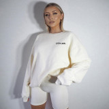 Casual Letter Embroidery Round Neck Long Sleeves Loose Sweater With Shorts Two Piece Set FLY20272P