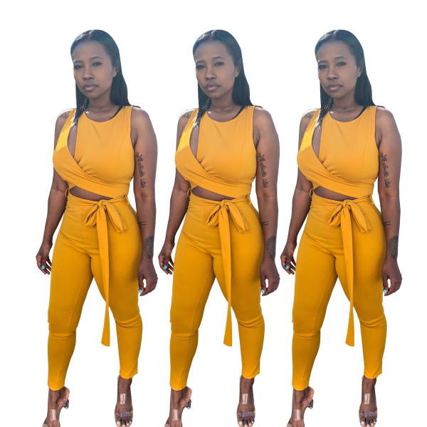 Street Style Bandage Tight Sleeveless Yellow Jumpsuit BS1077