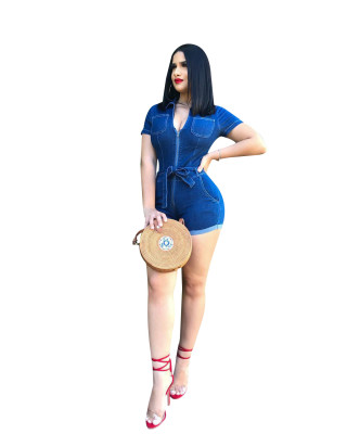 Ladies Short Sleeve Jeans V Collar Casual Jumpsuit With Belt W8126
