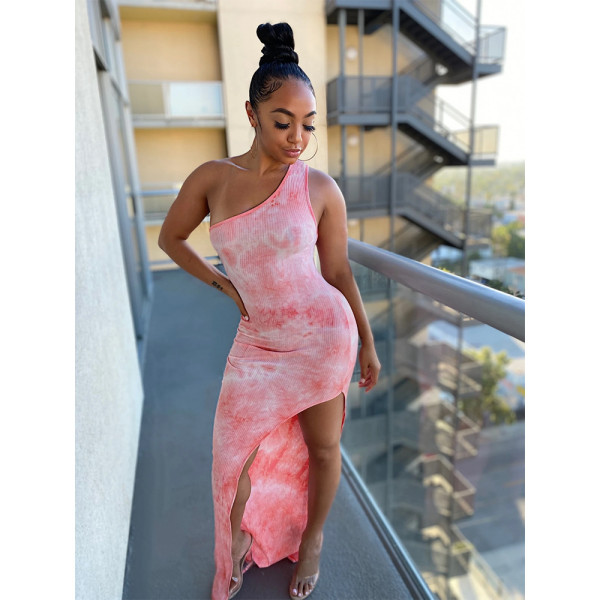 Women's sexy fashion tie-dye printed one-shoulder dress SH7199