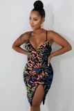 Sequins V Collar Clubwear Sexy Condole Belt Split Dress CCY8138