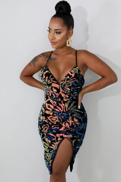 Sequins V Collar Clubwear Sexy Condole Belt Split Dress CCY8138